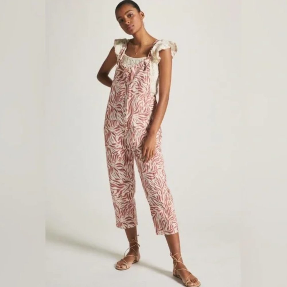 Anthropologie Pink/Rust Print Linen Jumpsuit Large, Little Lies